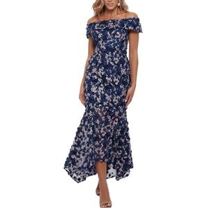 Xscape Navy Blue Off-Shoulder High-Low Floral Lace Evening Dress